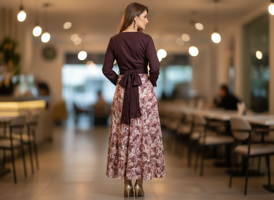 Autumn Semester Maxi β wine wrap-style maxi dress with mauve leaf print, image 2