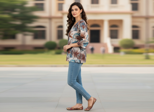 First Lecture Short Kurti β colourful floral V-neck cotton short kurti, image 2