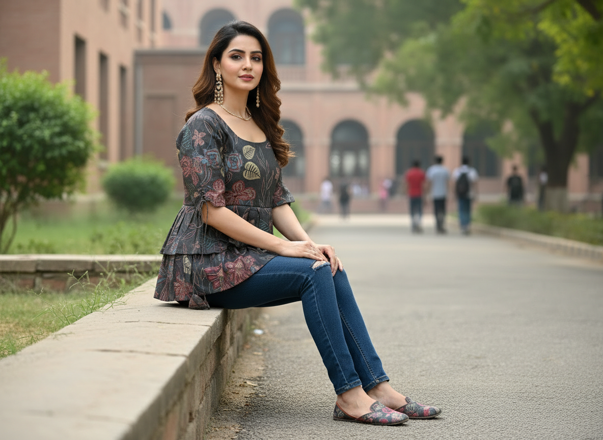 Library Bloom Short Kurti – black floral pleated cotton short kurti, image 5