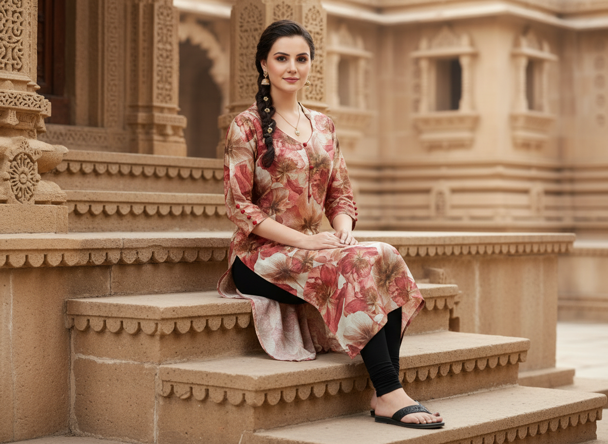 Fresher's Day Kurta – red floral cotton kurta with mandarin collar, image 5