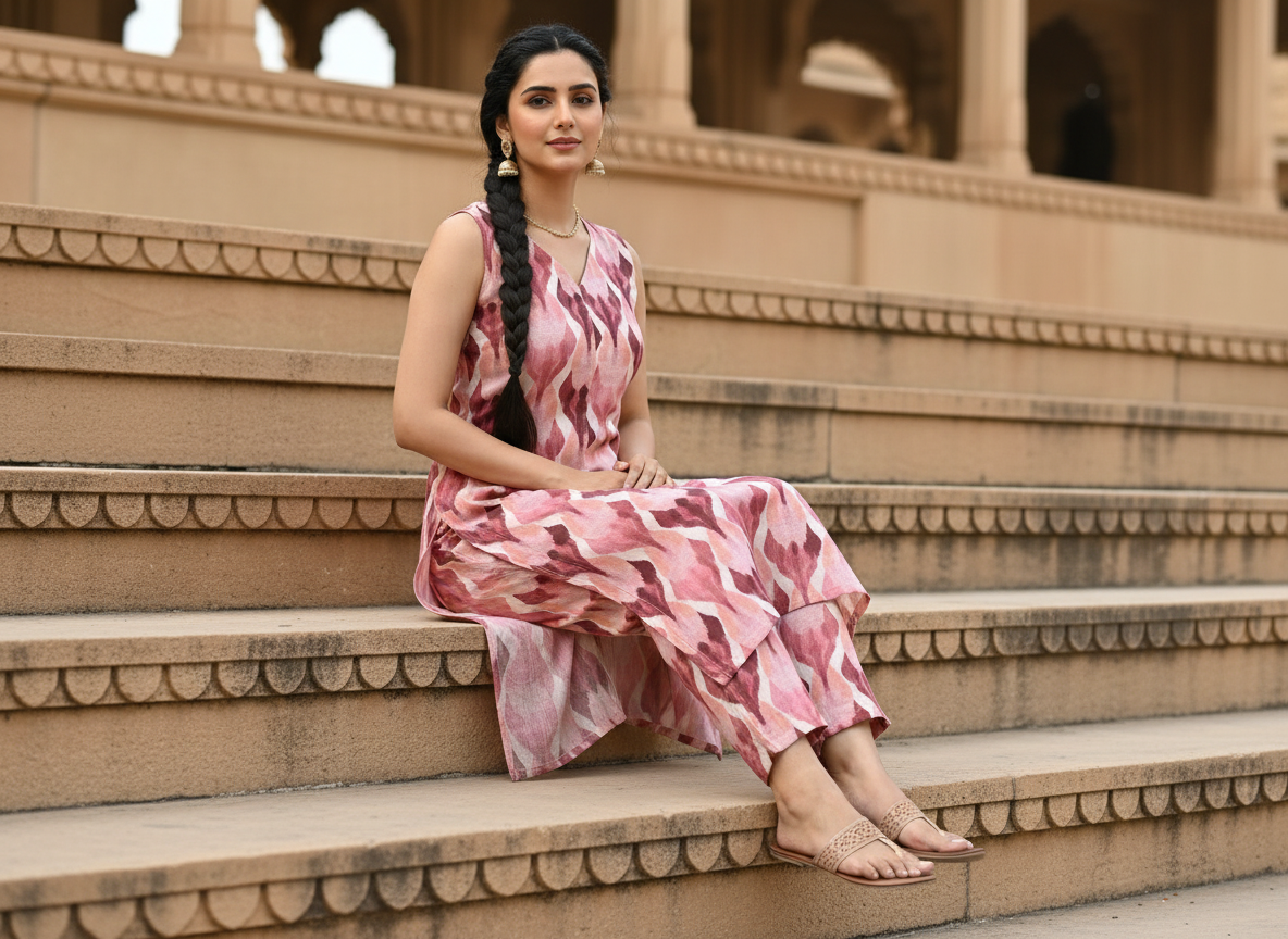 Culture Fest Co-ord Set – pink geometric print kurta and pant co-ord set, image 6