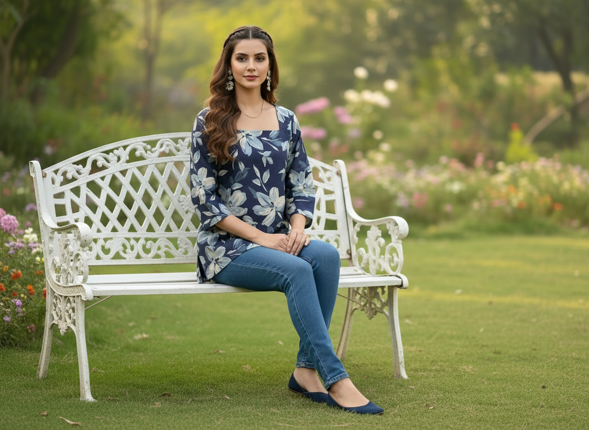 Notebook Blue Short Kurti – navy floral cotton short kurti for women, image 6
