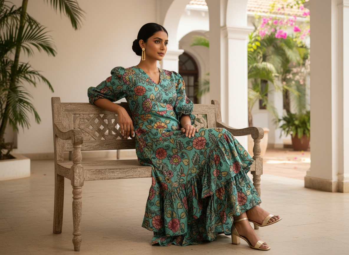 Garden Quad Maxi – teal floral tiered maxi dress for women, image 7