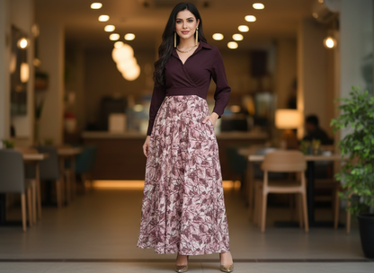 Autumn Semester Maxi – wine wrap-style maxi dress with mauve leaf print, image 1