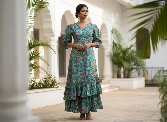 Garden Quad Maxi – teal floral tiered maxi dress for women, image 1