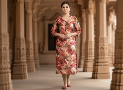 Fresher's Day Kurta – red floral cotton kurta with mandarin collar, image 1