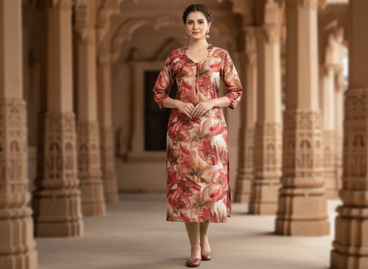 Fresher's Day Kurta – red floral cotton kurta with mandarin collar, image 1