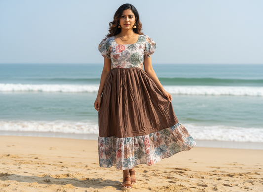 Semester Break Maxi – floral rayon maxi dress with brown flared bottom, image 1