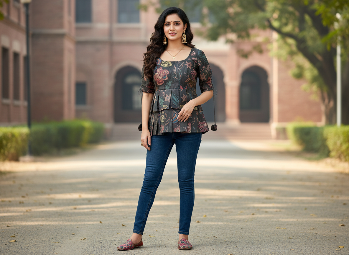 Library Bloom Short Kurti – black floral pleated cotton short kurti, image 1