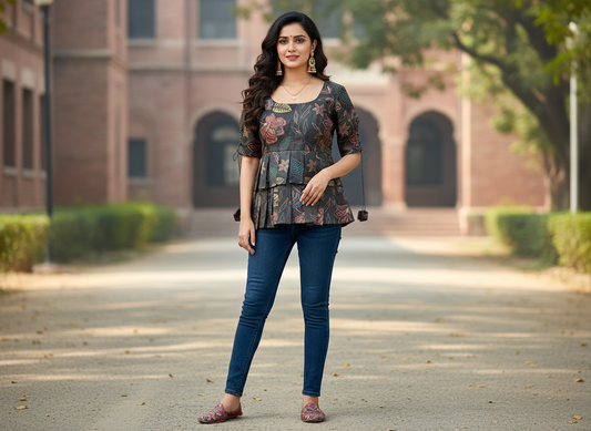 Library Bloom Short Kurti – black floral pleated cotton short kurti, image 1