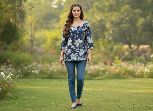 Notebook Blue Short Kurti – navy floral cotton short kurti for women, image 1