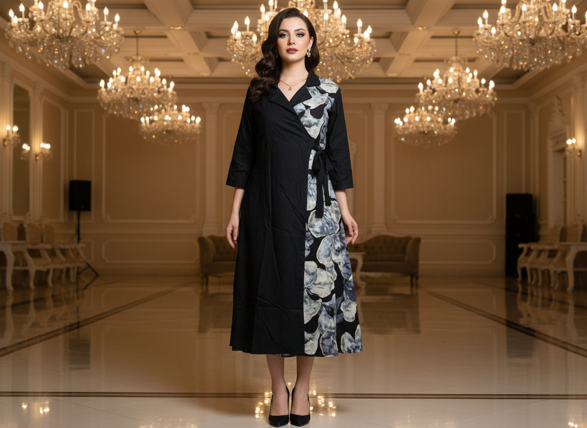 Dean's List Wrap Dress – black floral wrap midi dress for women, image 1