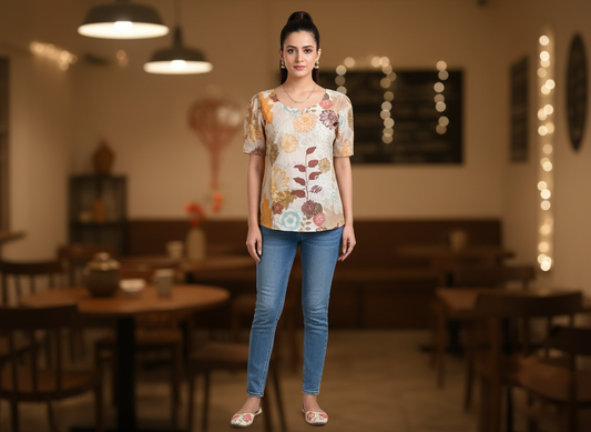 Morning Class Short Kurti – cream floral cotton short kurti for women, image 1