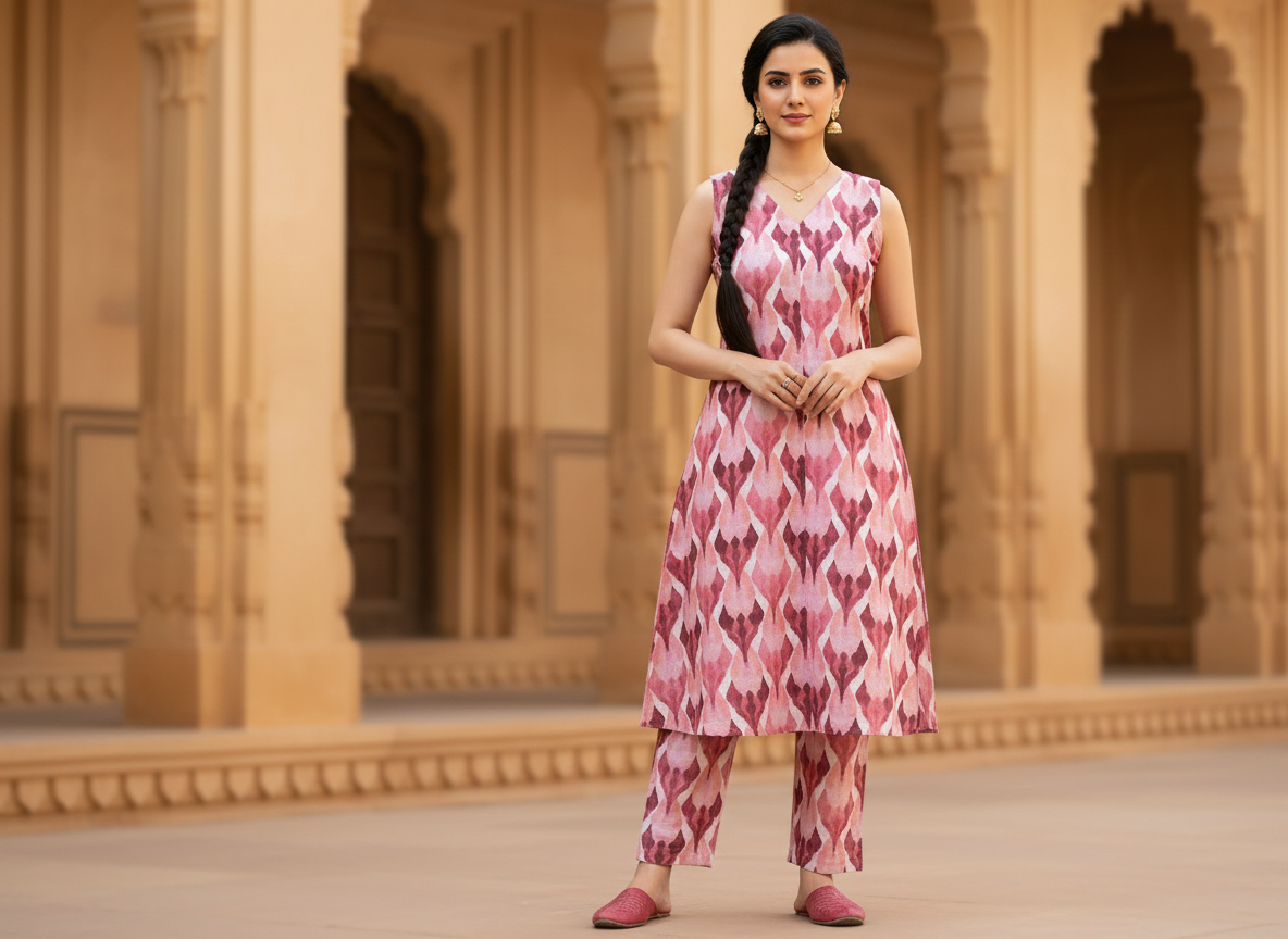 Culture Fest Co-ord Set – pink geometric print kurta and pant co-ord set, image 1