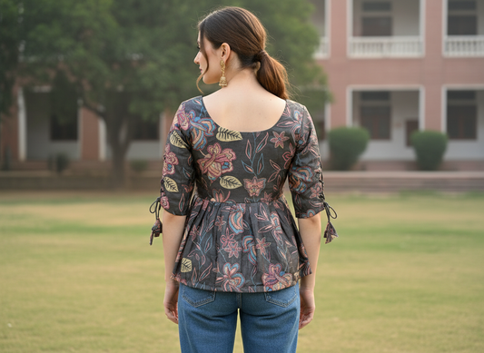 Library Bloom Short Kurti – black floral pleated cotton short kurti, image 2