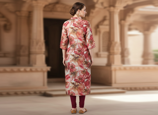 Fresher's Day Kurta – red floral cotton kurta with mandarin collar, image 2