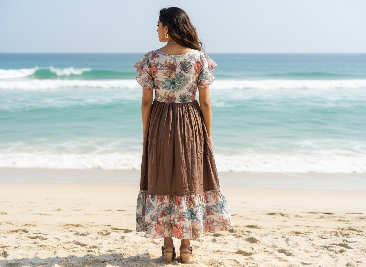 Semester Break Maxi – floral rayon maxi dress with brown flared bottom, image 2