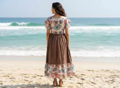 Semester Break Maxi – floral rayon maxi dress with brown flared bottom, image 2