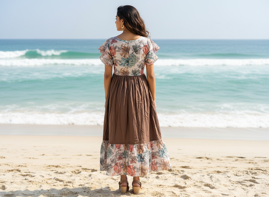 Semester Break Maxi – floral rayon maxi dress with brown flared bottom, image 2