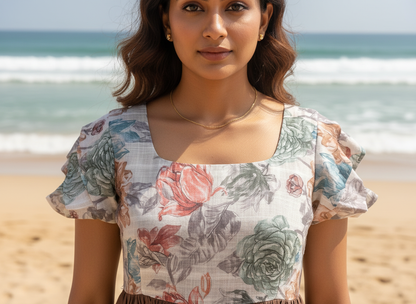 Semester Break Maxi – floral rayon maxi dress with brown flared bottom, image 3