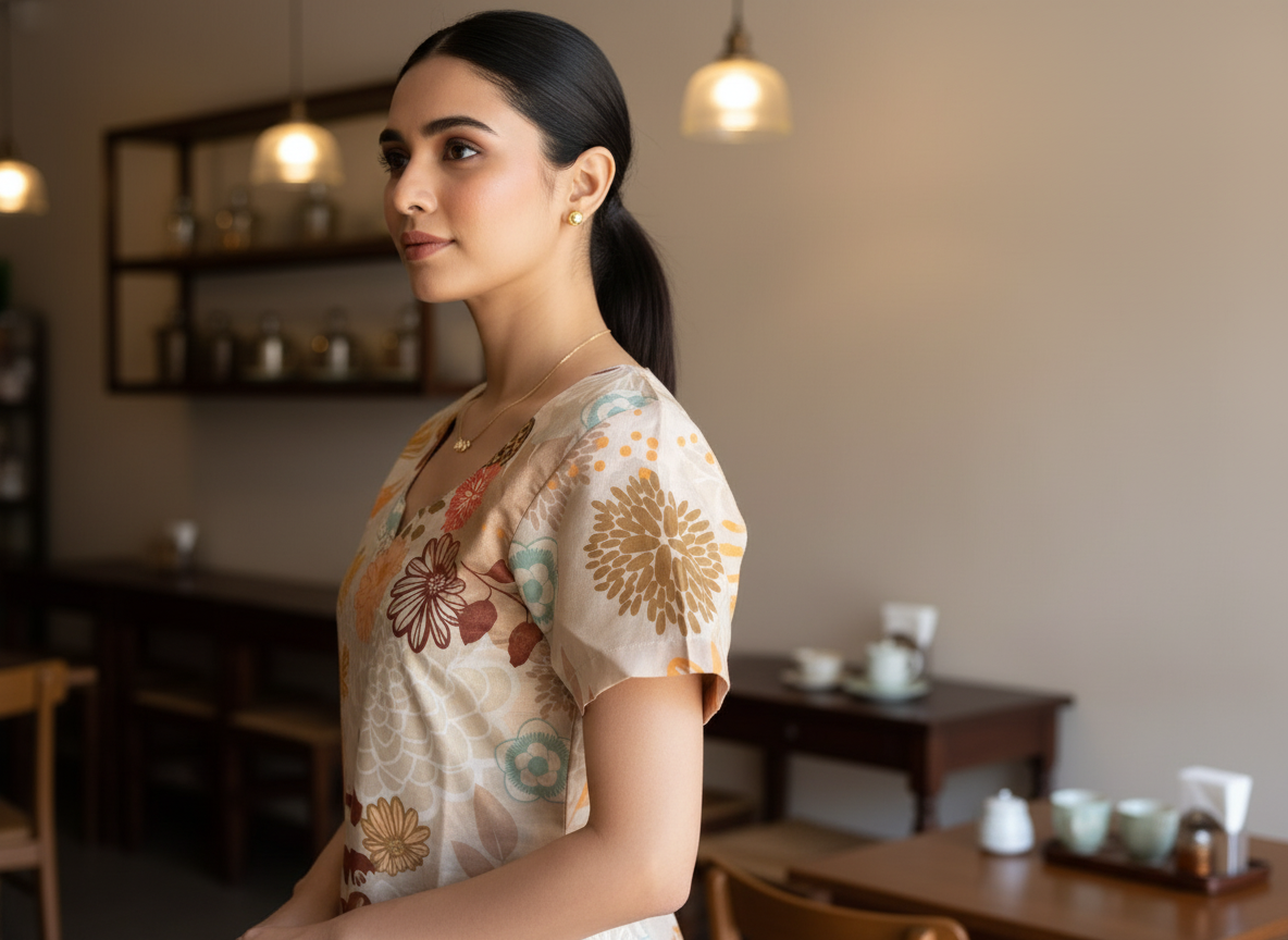 Morning Class Short Kurti – cream floral cotton short kurti for women, image 3