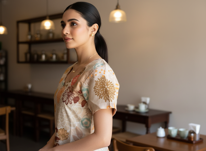 Morning Class Short Kurti – cream floral cotton short kurti for women, image 3