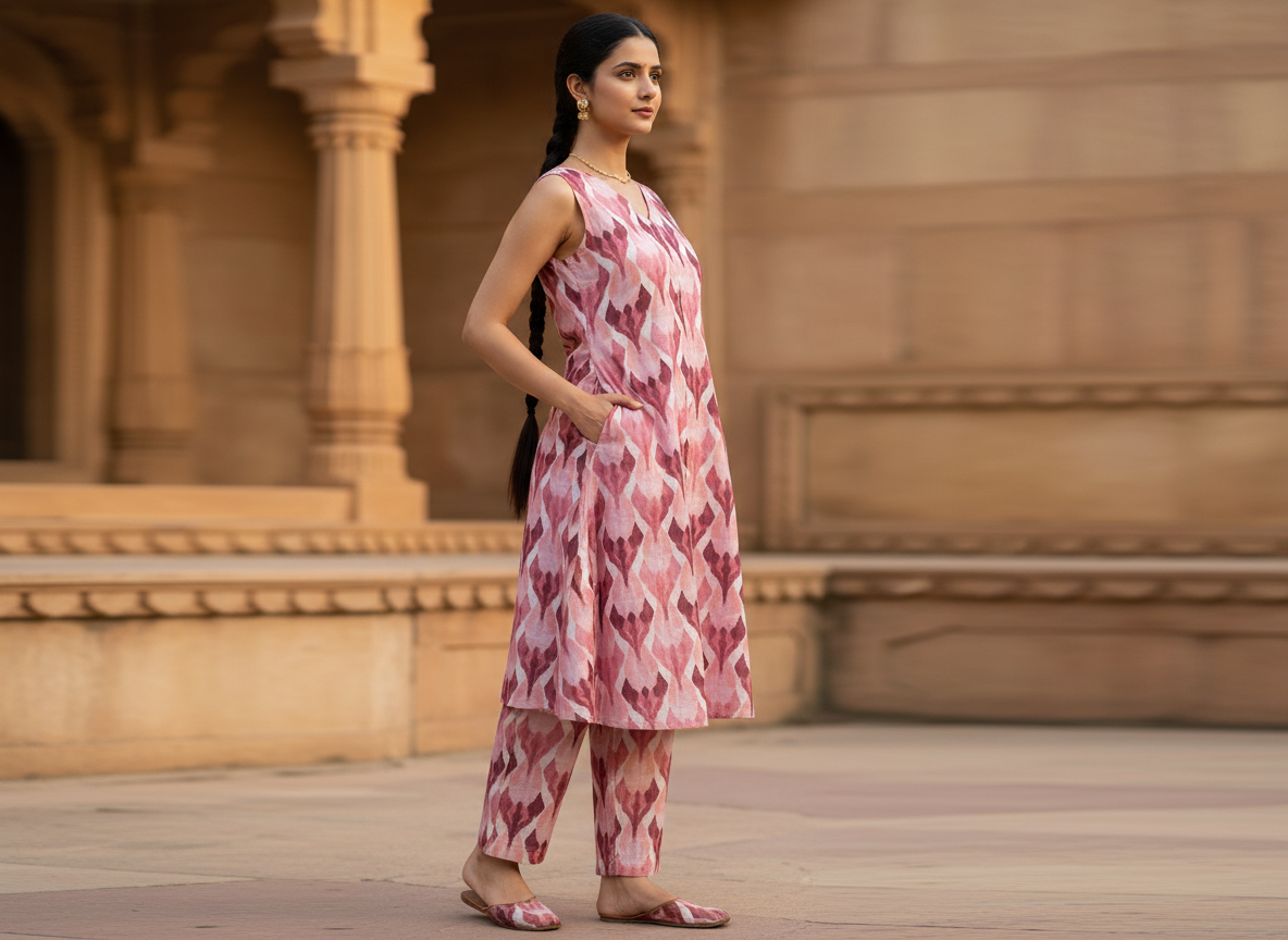 Culture Fest Co-ord Set – pink geometric print kurta and pant co-ord set, image 3