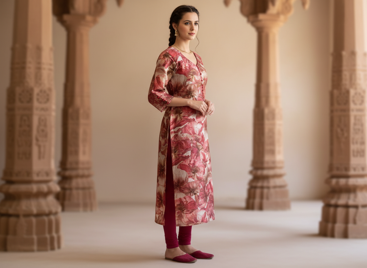 Fresher's Day Kurta – red floral cotton kurta with mandarin collar, image 3