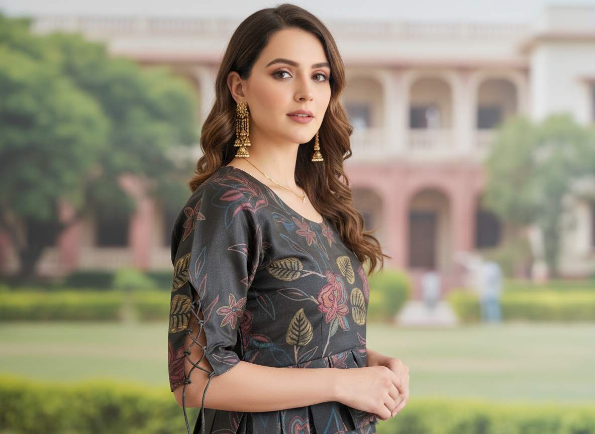 Library Bloom Short Kurti – black floral pleated cotton short kurti, image 3