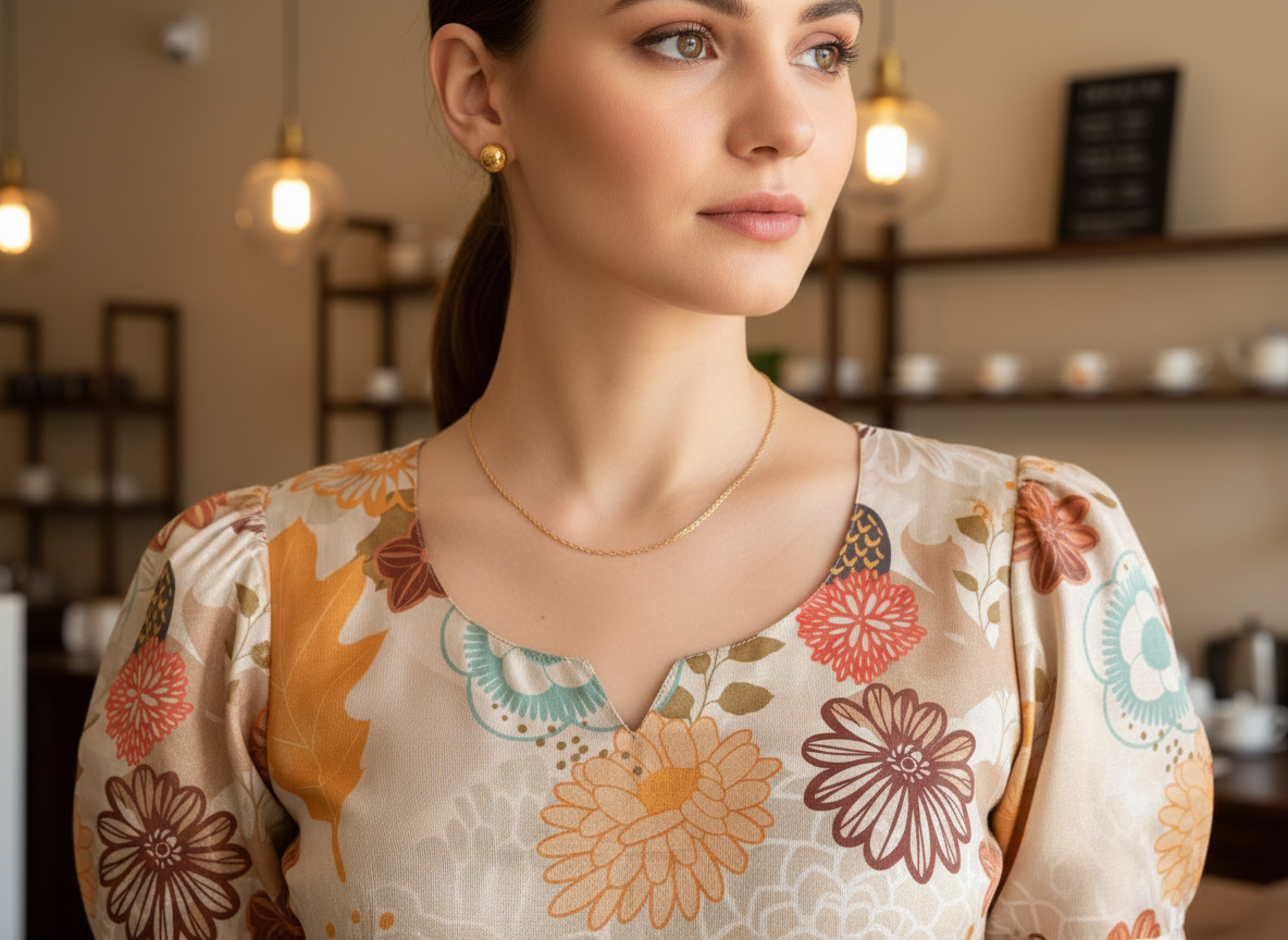 Morning Class Short Kurti – cream floral cotton short kurti for women, image 4