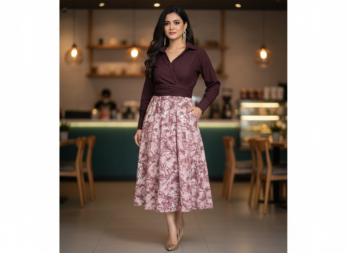 Autumn Semester Maxi – wine wrap-style maxi dress with mauve leaf print, image 4