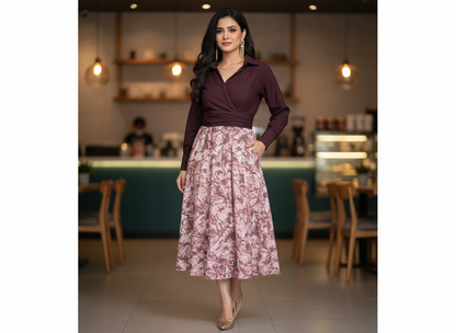 Autumn Semester Maxi – wine wrap-style maxi dress with mauve leaf print, image 4
