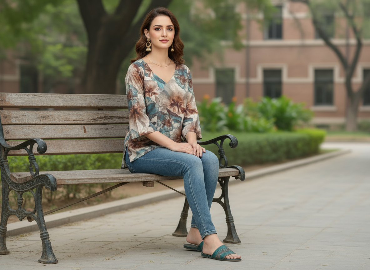First Lecture Short Kurti – colourful floral V-neck cotton short kurti, image 4