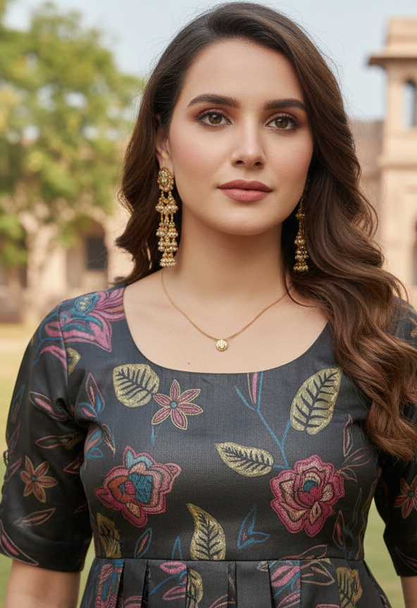 Library Bloom Short Kurti – black floral pleated cotton short kurti, image 4