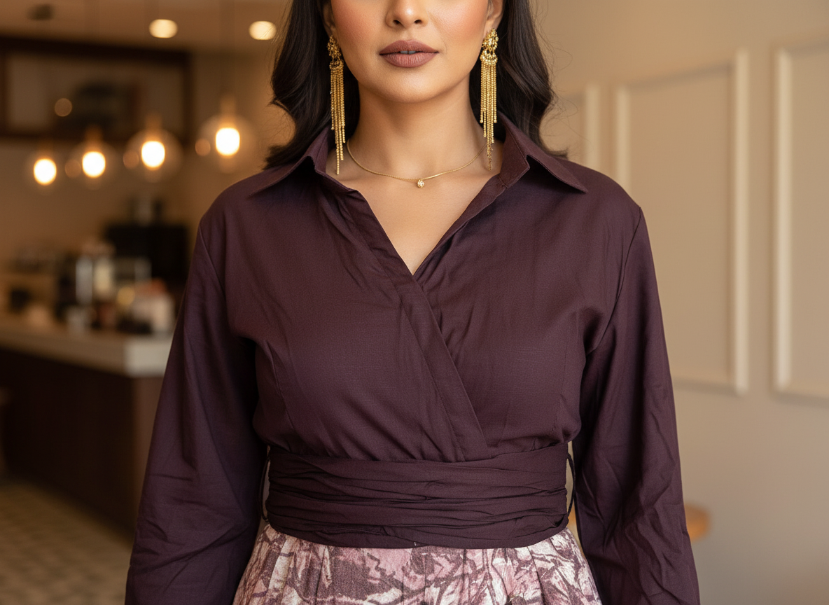 Autumn Semester Maxi – wine wrap-style maxi dress with mauve leaf print, image 5
