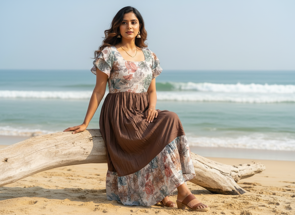 Semester Break Maxi – floral rayon maxi dress with brown flared bottom, image 5