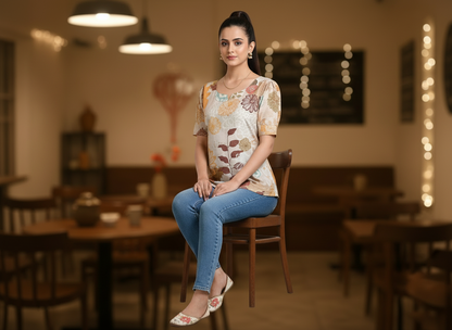 Morning Class Short Kurti – cream floral cotton short kurti for women, image 5