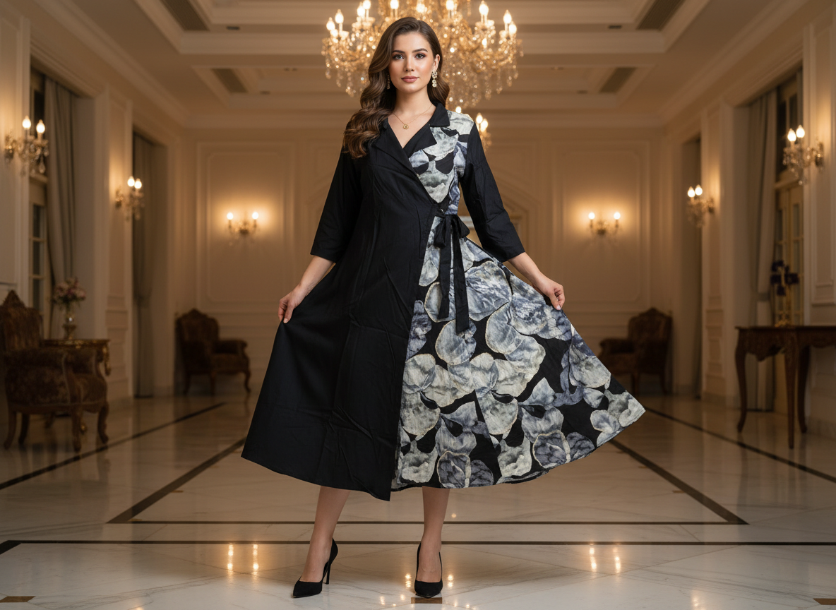 Dean's List Wrap Dress – black floral wrap midi dress for women, image 6