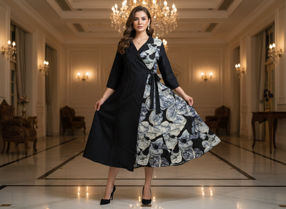 Dean's List Wrap Dress – black floral wrap midi dress for women, image 6