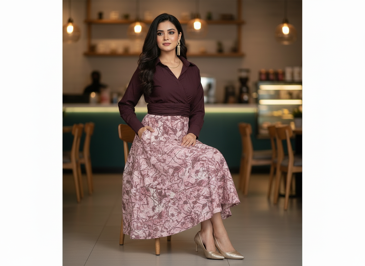 Autumn Semester Maxi – wine wrap-style maxi dress with mauve leaf print, image 6